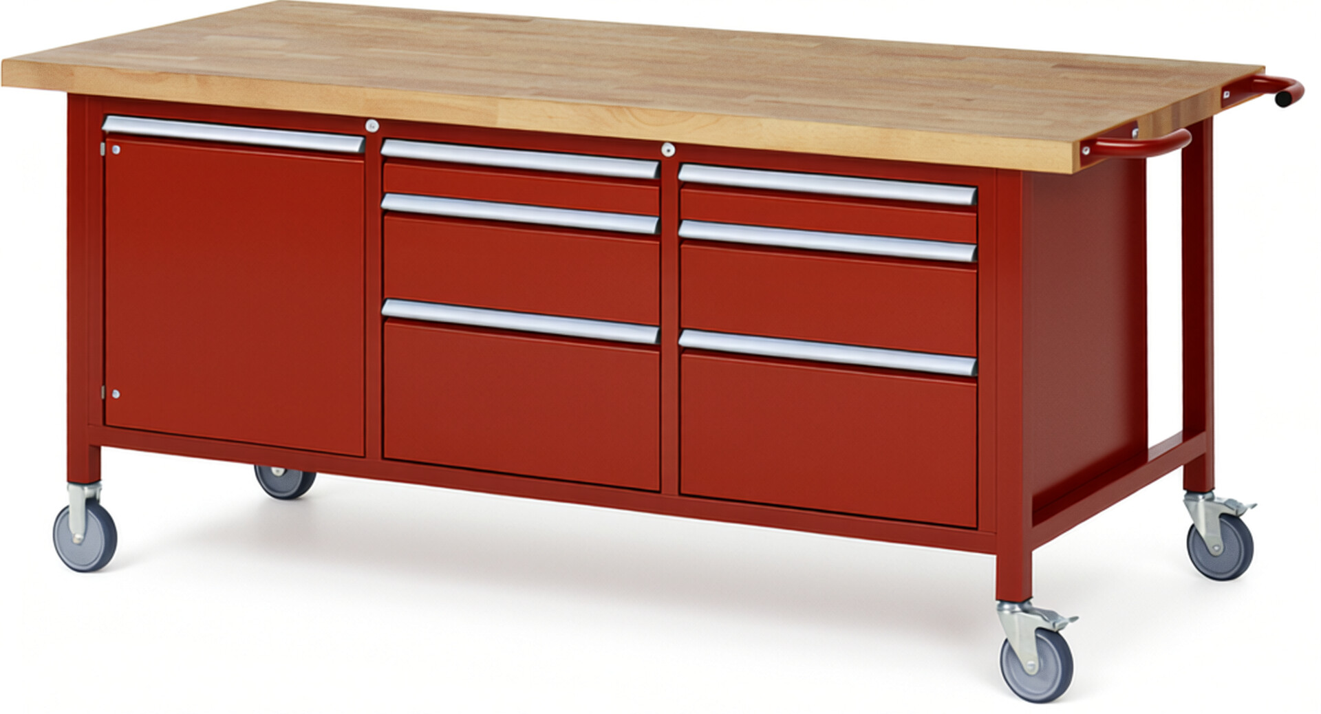 Fahrbare Werkbank Modell 8570 rot, BxTxH 2000x900x880-1080 mm,  Buche-Massiv Arbeitsplatte 40 mm,  6 Schubladen mit  Vollauszug 100 % und  SoftClosing