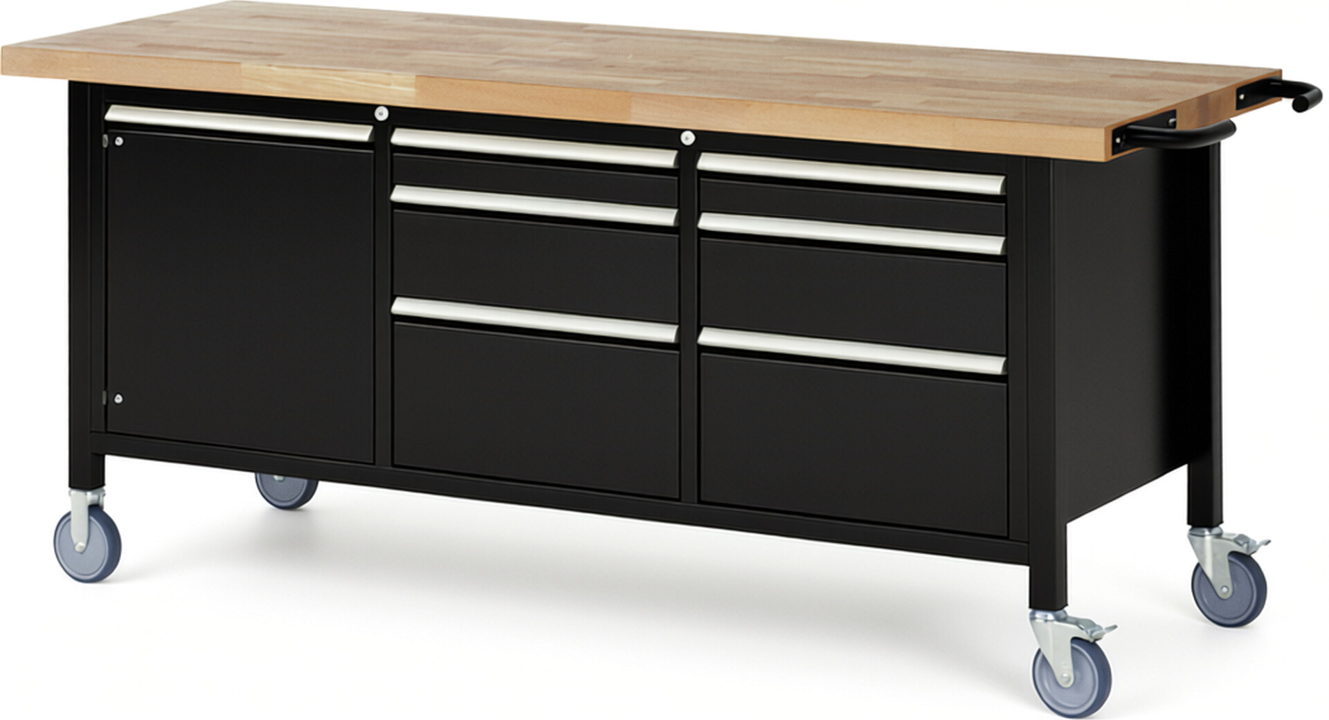 Fahrbare Werkbank Modell 8570 schwarz, BxTxH 2000x700x880 mm,  Buche-Massiv Arbeitsplatte 40 mm,  6 Schubladen mit  Vollauszug 100 % und  SoftClosing