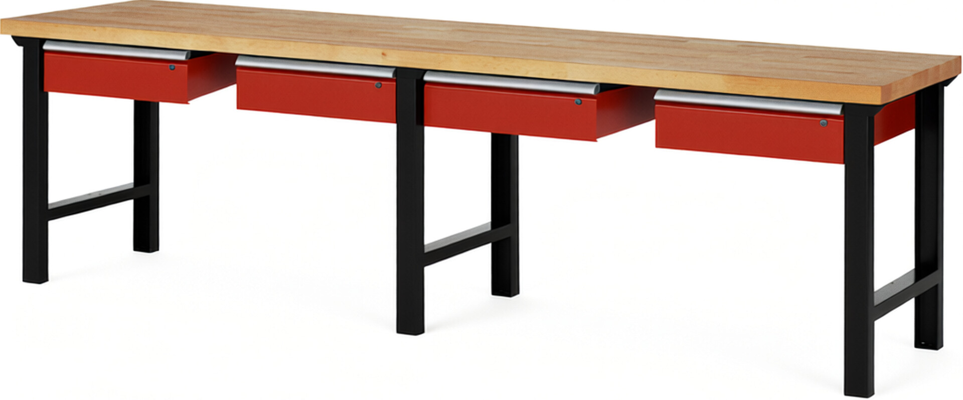 RAU Werkbank schwarz - rot - Breite 300 cm - Tiefe 70 cm - Höhe 84 cm - Buche-Massiv Arbeitsplatte 40 mm