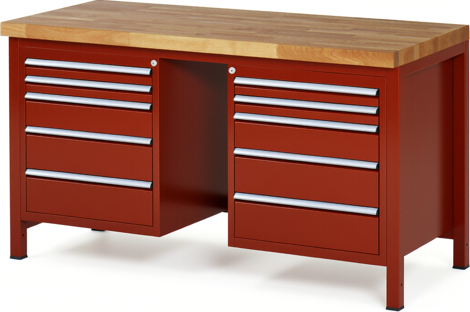 Werkbank Modell 8184 rot, BxTxH 1500x700x840-1040 mm,  Buche-Massiv Arbeitsplatte 40 mm,  10 Schubladen mit  Auszug 90 %