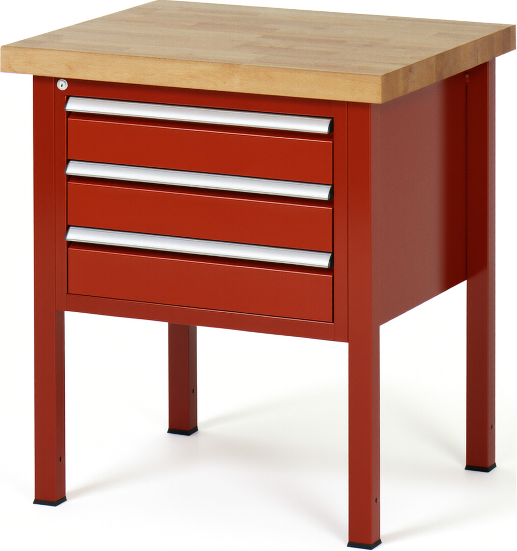 Werkbank Modell 8127 rot, BxTxH 750x700x840 mm,  Buche-Massiv Arbeitsplatte 40 mm,  3 Schubladen mit  Vollauszug 100 % und  SoftClosing