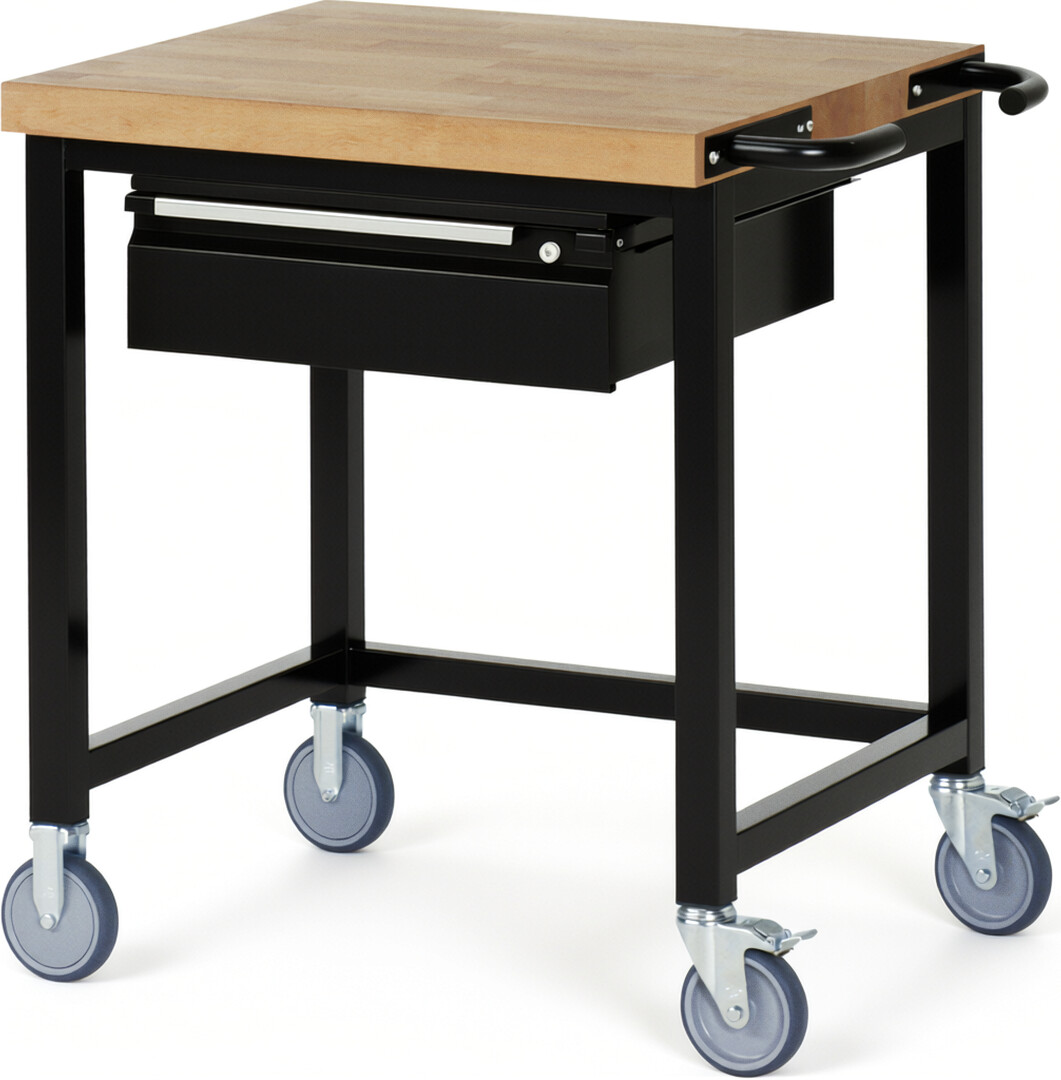 Fahrbare Werkbank - Modell 8001 BASIC schwarz, BxTxH 750x700x880 mm,  Buche-Massiv Arbeitsplatte 40 mm,  1 Schublade mit  Auszug 90 %