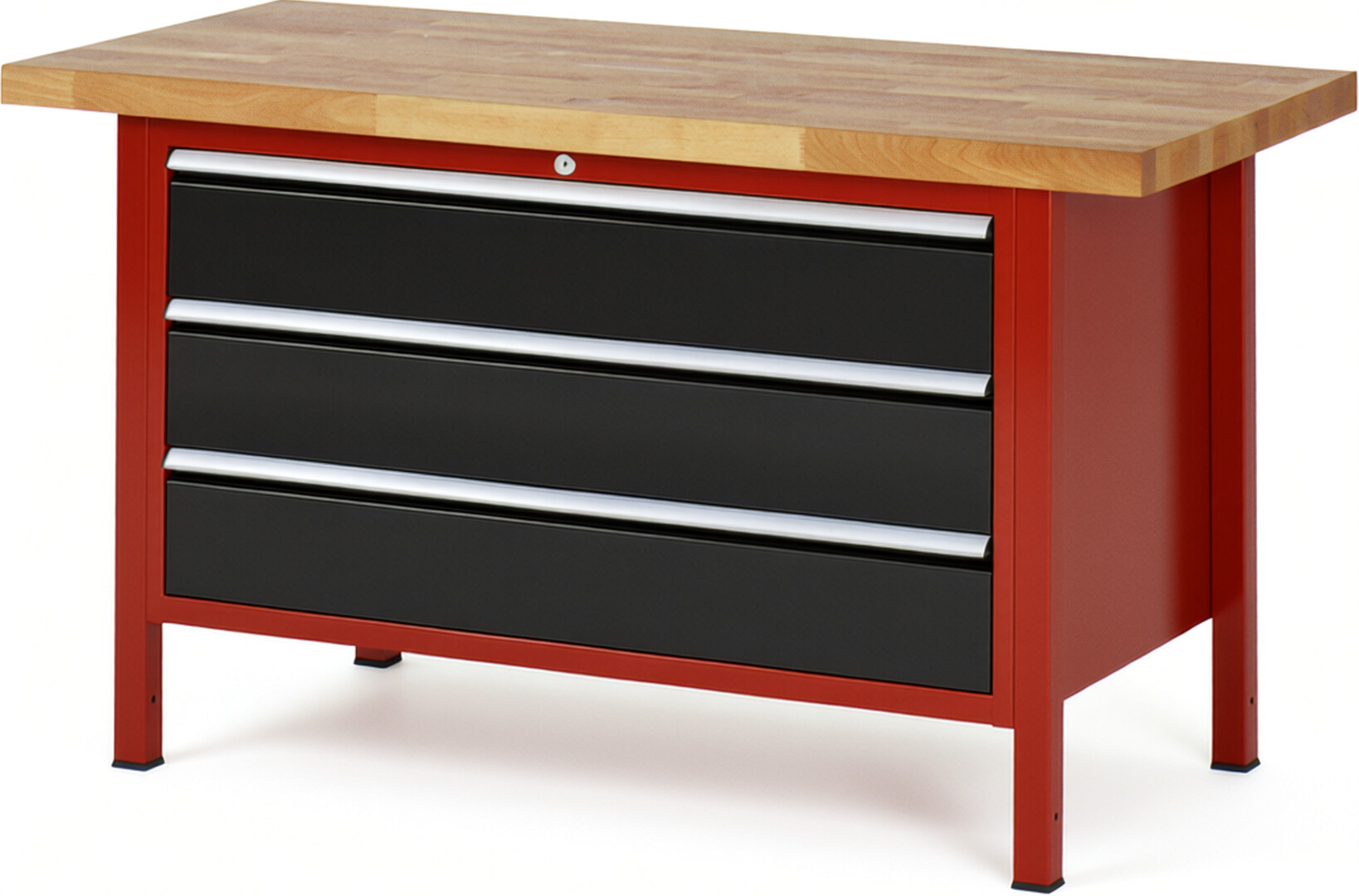 Werkbank Modell 8357 rot - schwarz, BxTxH 1500x700x840 mm,  Buche-Massiv Arbeitsplatte 40 mm,  3 Schubladen mit  Auszug 90 %