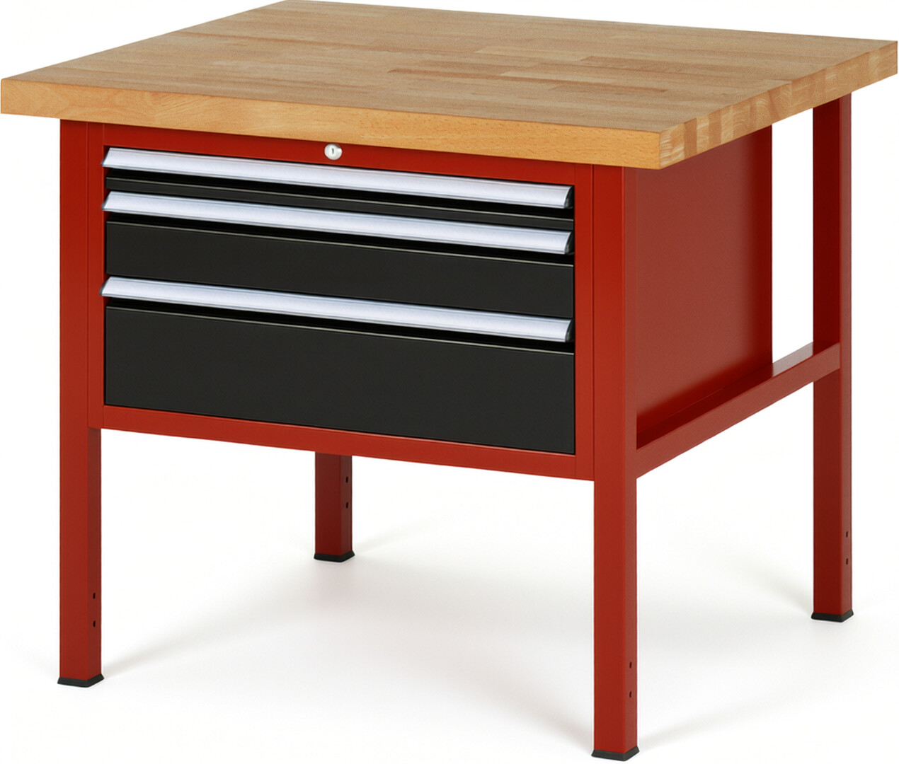 Werkbank Modell 8226 rot - schwarz, BxTxH 1000x900x840-1040 mm,  Buche-Massiv Arbeitsplatte 40 mm,  3 Schubladen mit  Auszug 90 %
