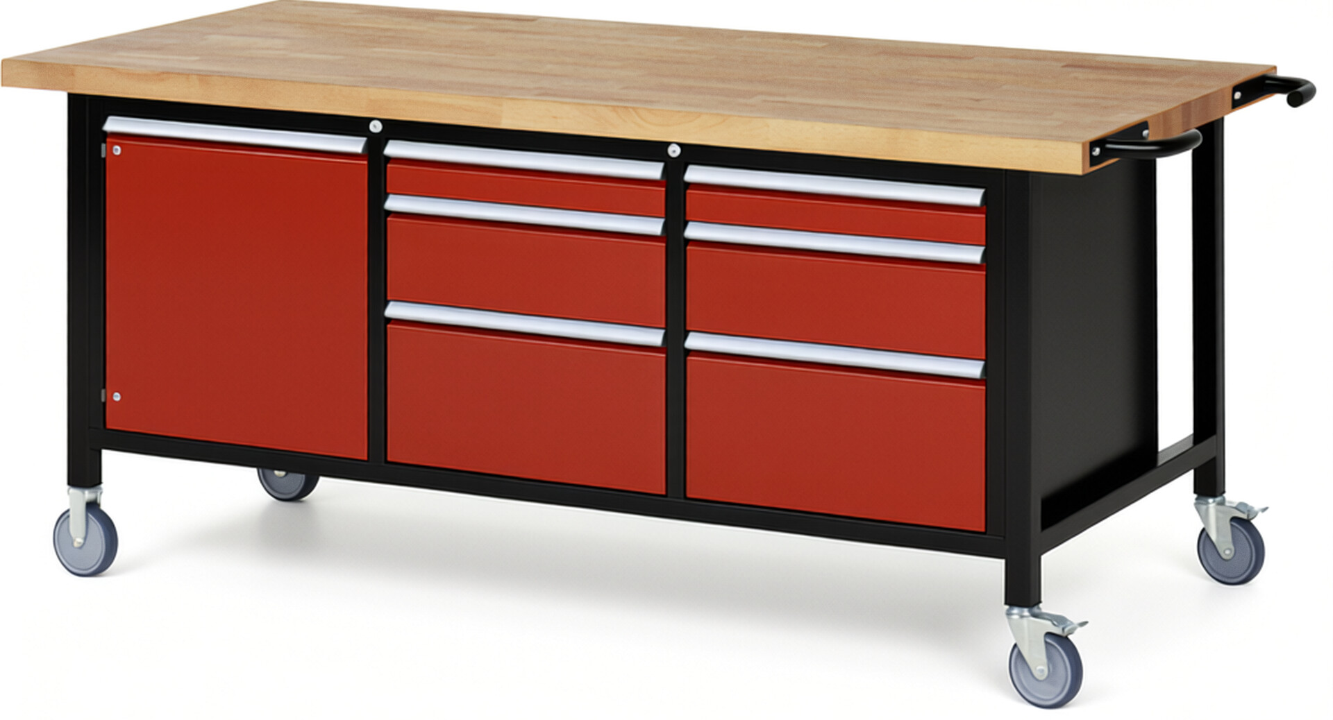 Fahrbare Werkbank Modell 8570 schwarz-rot, BxTxH 2000x900x880-1080 mm,  Buche-Massiv Arbeitsplatte 40 mm,  6 Schubladen mit  Vollauszug 100 % und  SoftClosing