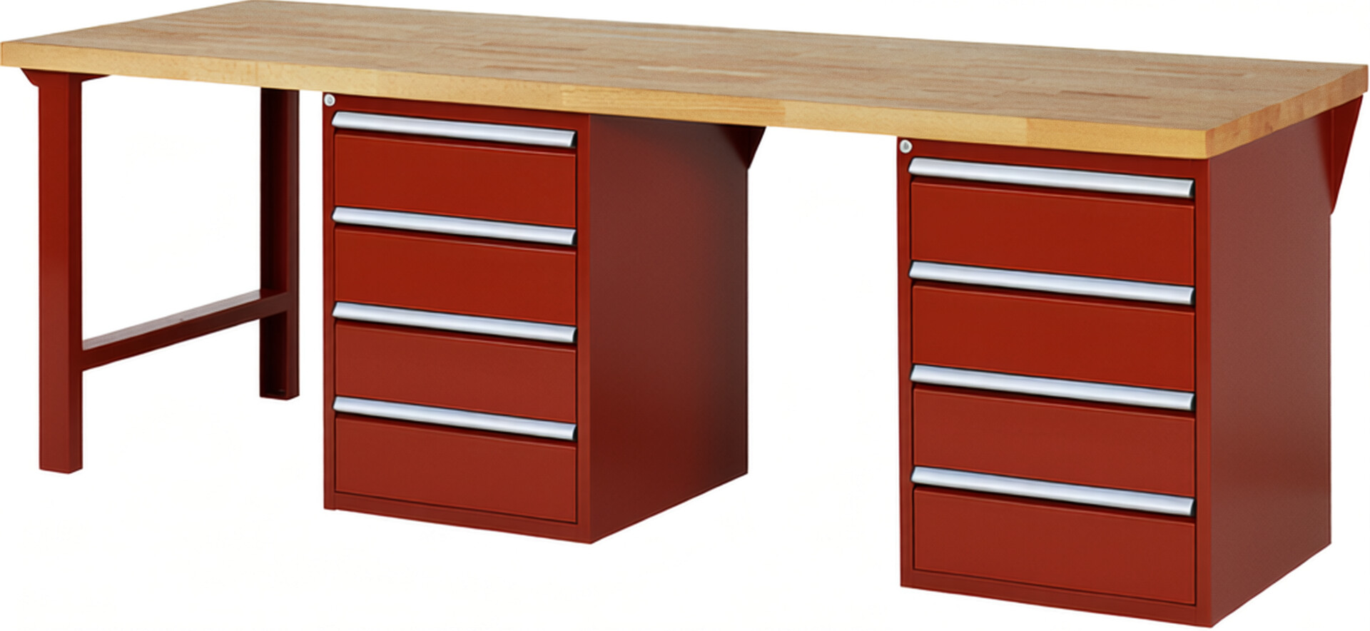 RAU Werkbank rot - Breite 250 cm - Tiefe 90 cm - Höhe 89 cm - Buche-Massiv Arbeitsplatte 40 mm