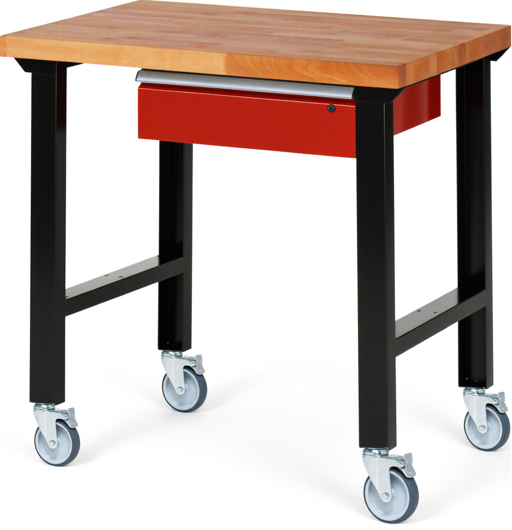 Fahrbare Werkbank Modell 7001 schwarz-rot, BxTxH 1000x700x1000 mm,  Buche-Massiv Arbeitsplatte 40 mm,  1 Schublade mit  Auszug 90 %