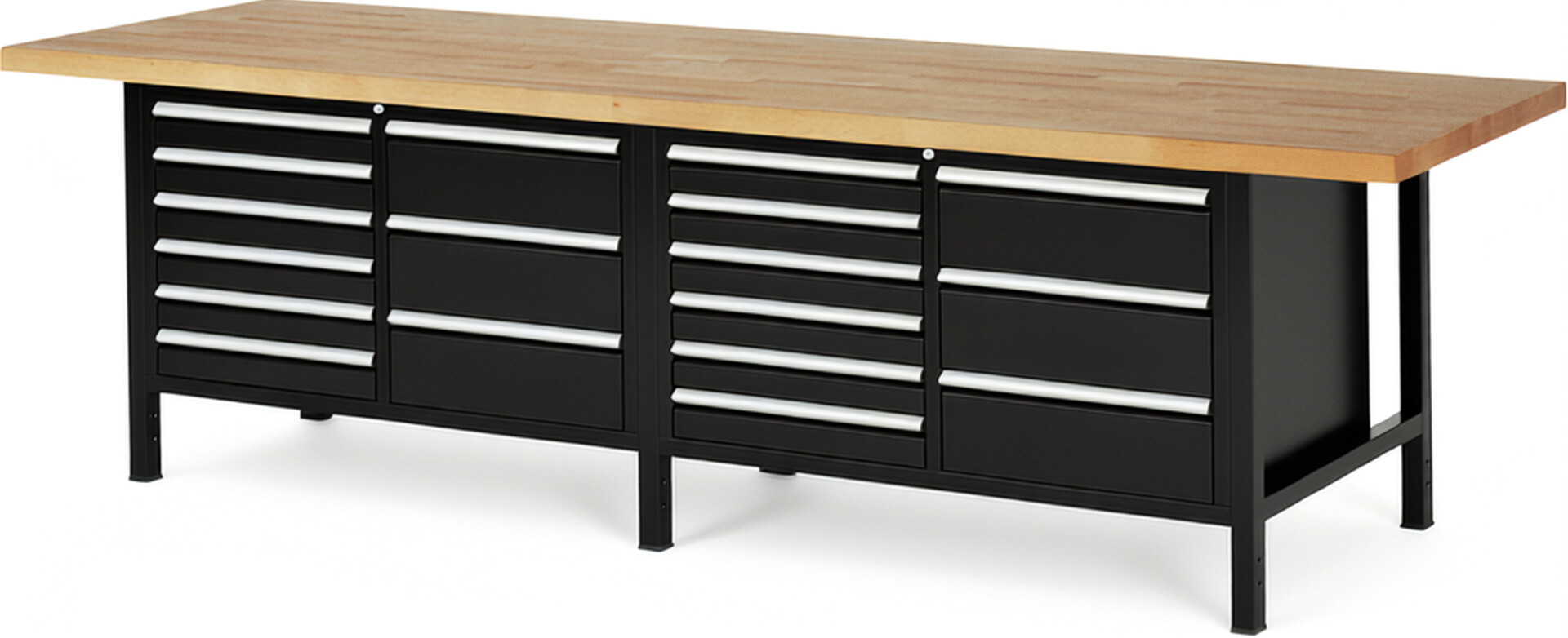 RAU Werkbank schwarz - Breite 300 cm - Tiefe 90 cm - Höhe 84 cm - Buche-Massiv Arbeitsplatte 40 mm