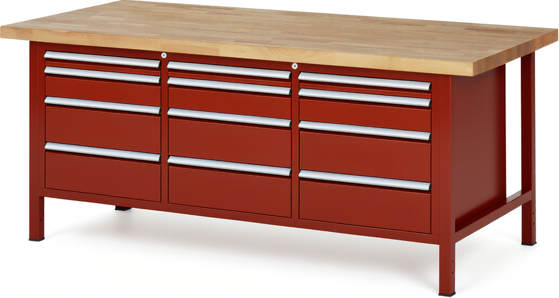 Werkbank Modell 8580 rot, BxTxH 2000x900x840-1040 mm,  Buche-Massiv Arbeitsplatte 40 mm,  12 Schubladen mit  Vollauszug 100 % und  SoftClosing