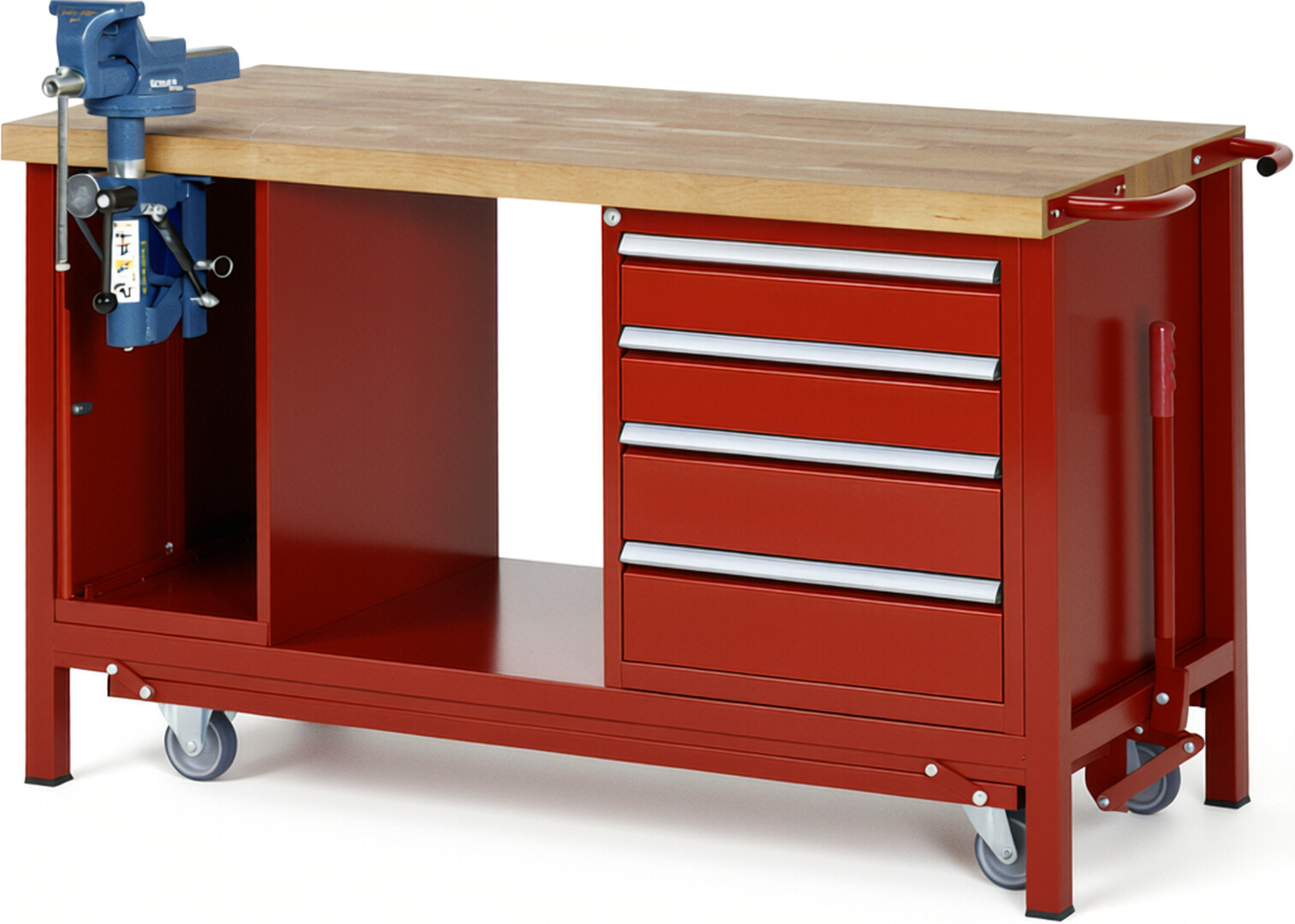 Absenkbare Werkbank Modell 8185 rot, BxTxH 1500x700x880 mm,  Buche-Massiv Arbeitsplatte 40 mm,  4 Schubladen mit  Vollauszug 100 % und  SoftClosing