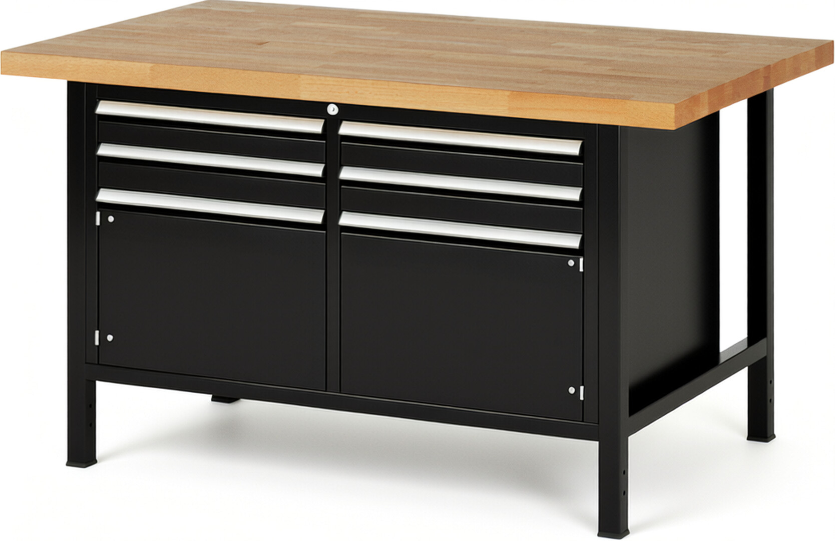 RAU Werkbank schwarz - Breite 150 cm - Tiefe 90 cm - Höhe 84 cm - Buche-Massiv Arbeitsplatte 40 mm