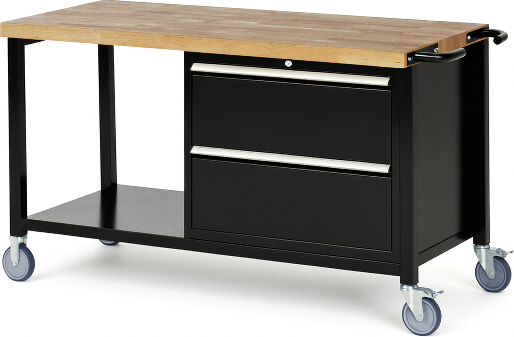 Fahrbare Werkbank Modell 8255 schwarz, BxTxH 1500x700x880 mm,  Buche-Massiv Arbeitsplatte 40 mm,  2 Schubladen mit  Auszug 90 %