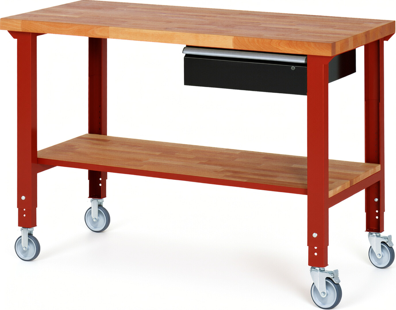 Fahrbare Werkbank Modell 7001 rot - schwarz, BxTxH 1500x700x950-1000 mm,  Buche-Massiv Arbeitsplatte 40 mm,  1 Schublade mit  Auszug 90 %