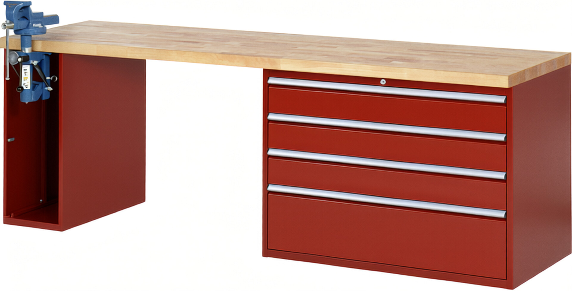 RAU Werkbank rot - Breite 250 cm - Tiefe 70 cm - Höhe 89 cm - Buche-Massiv Arbeitsplatte 40 mm