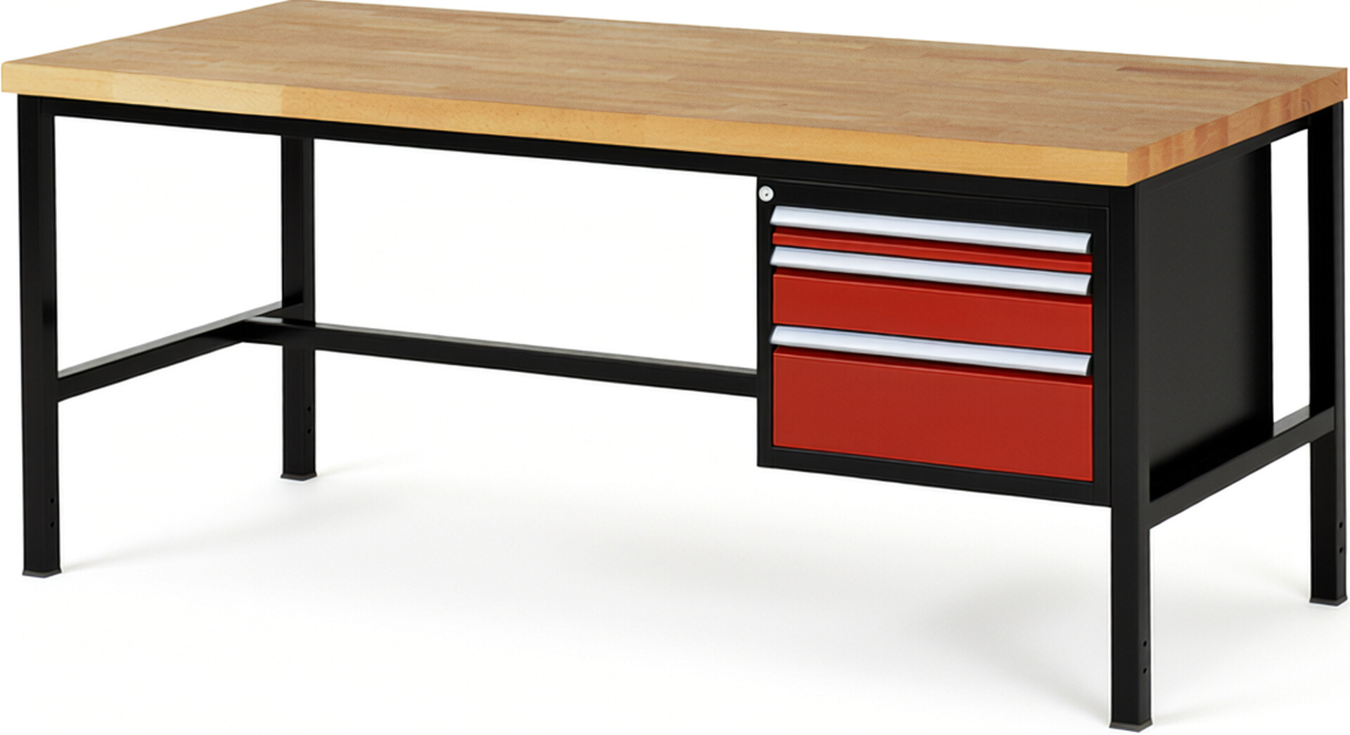 RAU Werkbank schwarz - rot - Breite 200 cm - Tiefe 90 cm - Höhe 104 cm - Buche-Massiv Arbeitsplatte 40 mm