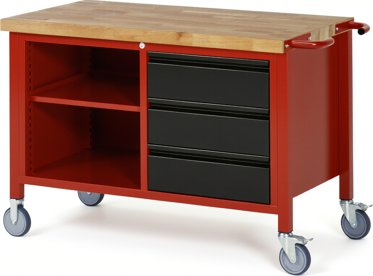 Fahrbare Werkbank - Modell 8462 BASIC rot - schwarz, BxTxH 1250x700x880 mm,  Buche-Massiv Arbeitsplatte 40 mm,  3 Schubladen mit  Auszug 90 %