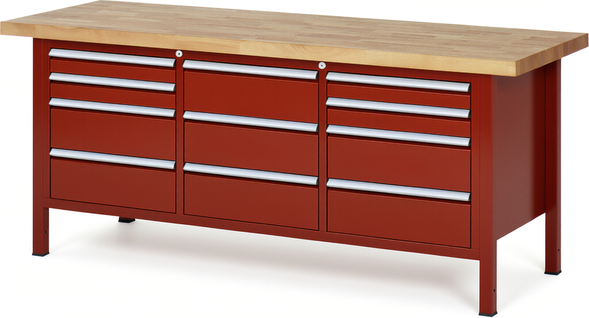 Werkbank Modell 8577 rot, BxTxH 2000x700x840-1040 mm,  Buche-Massiv Arbeitsplatte 40 mm,  11 Schubladen mit  Vollauszug 100 % und  SoftClosing