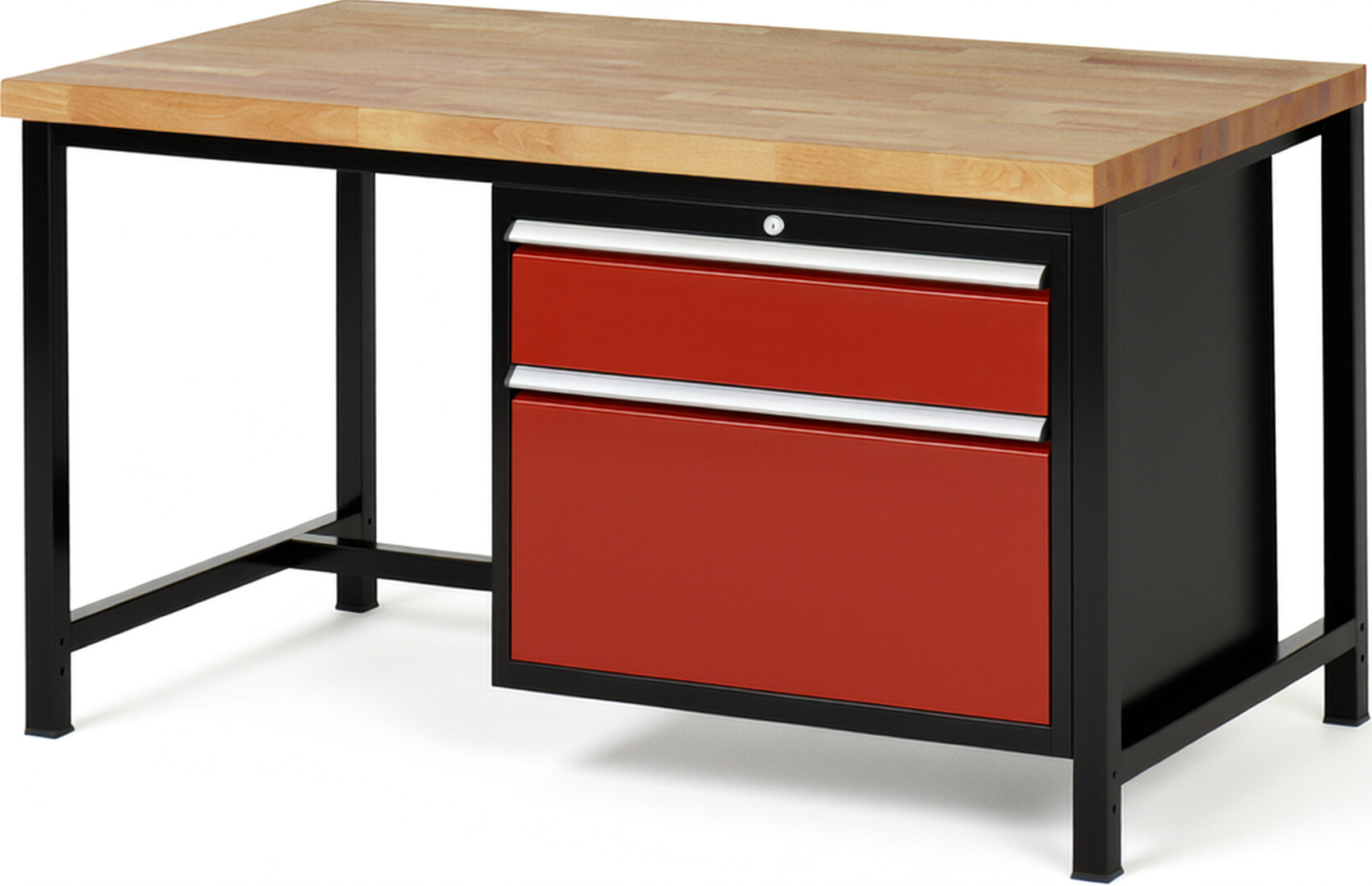 RAU Werkbank schwarz - rot - Breite 150 cm - Tiefe 90 cm - Höhe 84 cm - Buche-Massiv Arbeitsplatte 40 mm