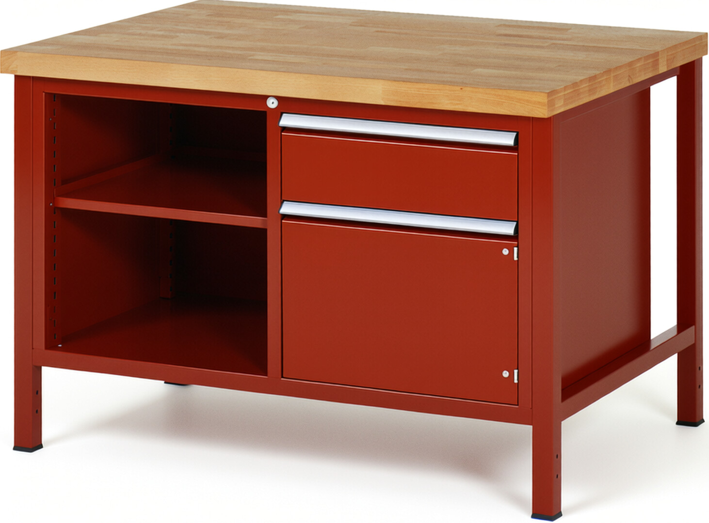 Werkbank Modell 8461 rot, BxTxH 1250x900x840-1040 mm,  Buche-Massiv Arbeitsplatte 40 mm,  1 Schublade mit  Auszug 90 %