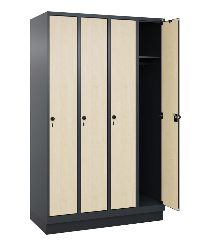 Garderobenschrank, Sockel, 3 Abt., Abt.B 400 mm, BxTxH 1200x500x1950 mm, HPL-Dekorfront, RAL 7016/Dekor Ahorn