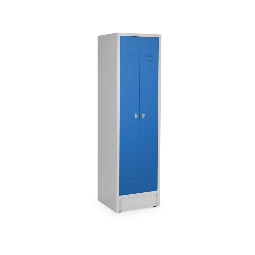 Doppelspind, 2 Abteile, Abteilbreite 25 cm, Höhe 180 cm, Breite 50 cm, RAL 7035 Lichtgrau / RAL 5010 Enzianblau, mit Sockel, Drehriegelschloss
