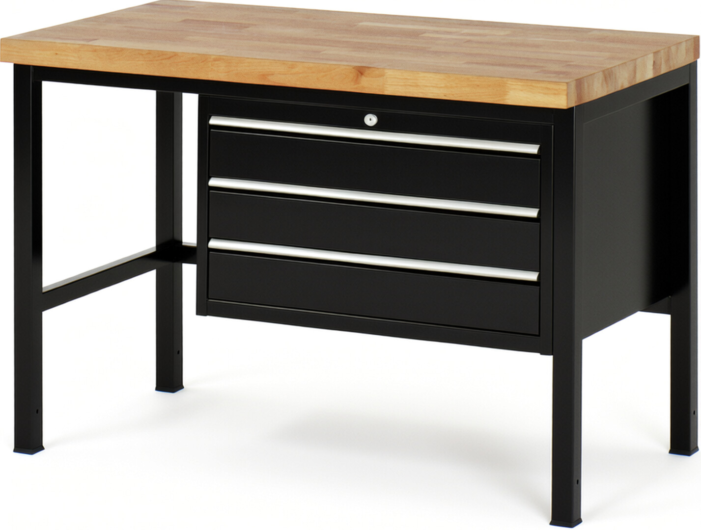 Werkbank Modell 8227 schwarz, BxTxH 1250x700x840 mm,  Buche-Massiv Arbeitsplatte 40 mm,  3 Schubladen mit  Vollauszug 100 % und  SoftClosing