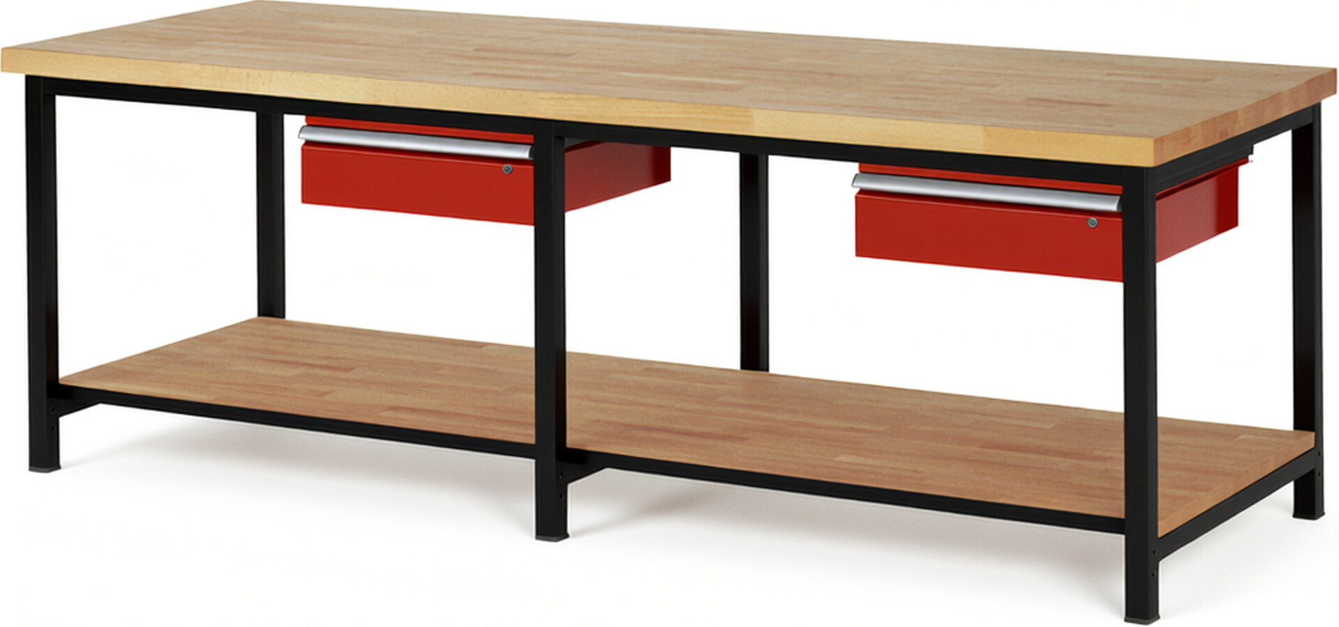 RAU Werkbank schwarz - rot - Breite 250 cm - Tiefe 90 cm - Höhe 104 cm - Buche-Massiv Arbeitsplatte 40 mm