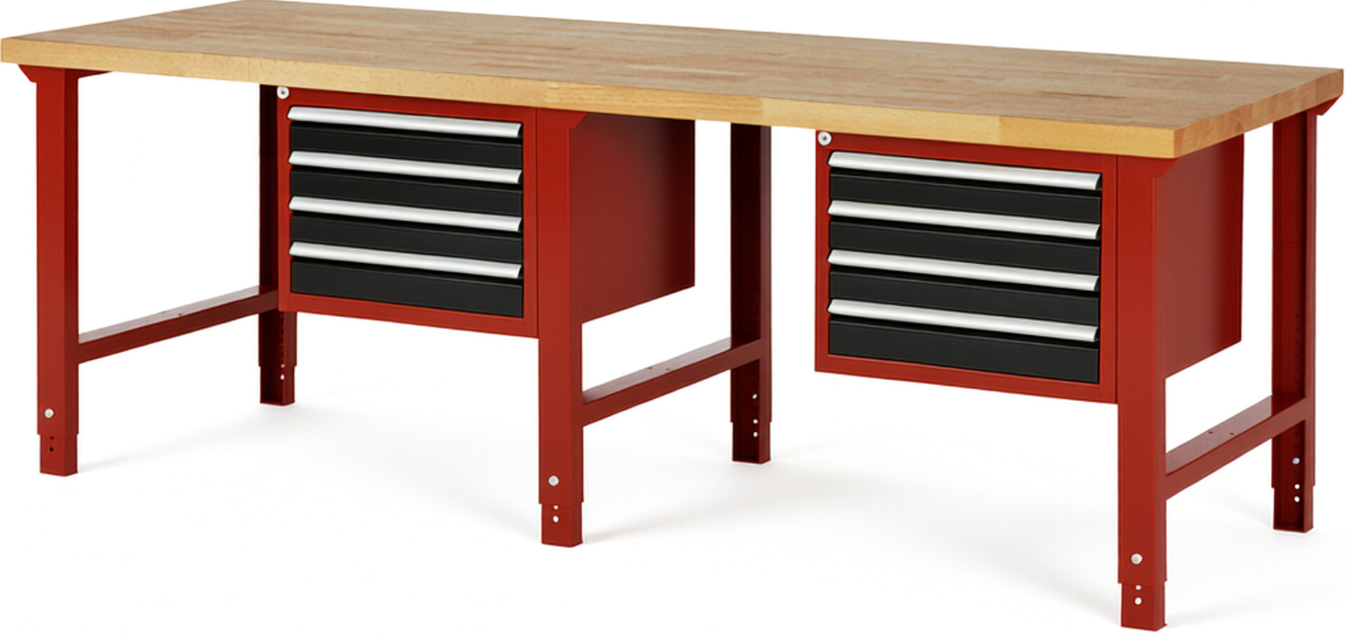 Werkbank Modell 7133 rot - schwarz, BxTxH 2500x900x790-1140 mm,  Buche-Massiv Arbeitsplatte 40 mm,  8 Schubladen mit  Auszug 90 %