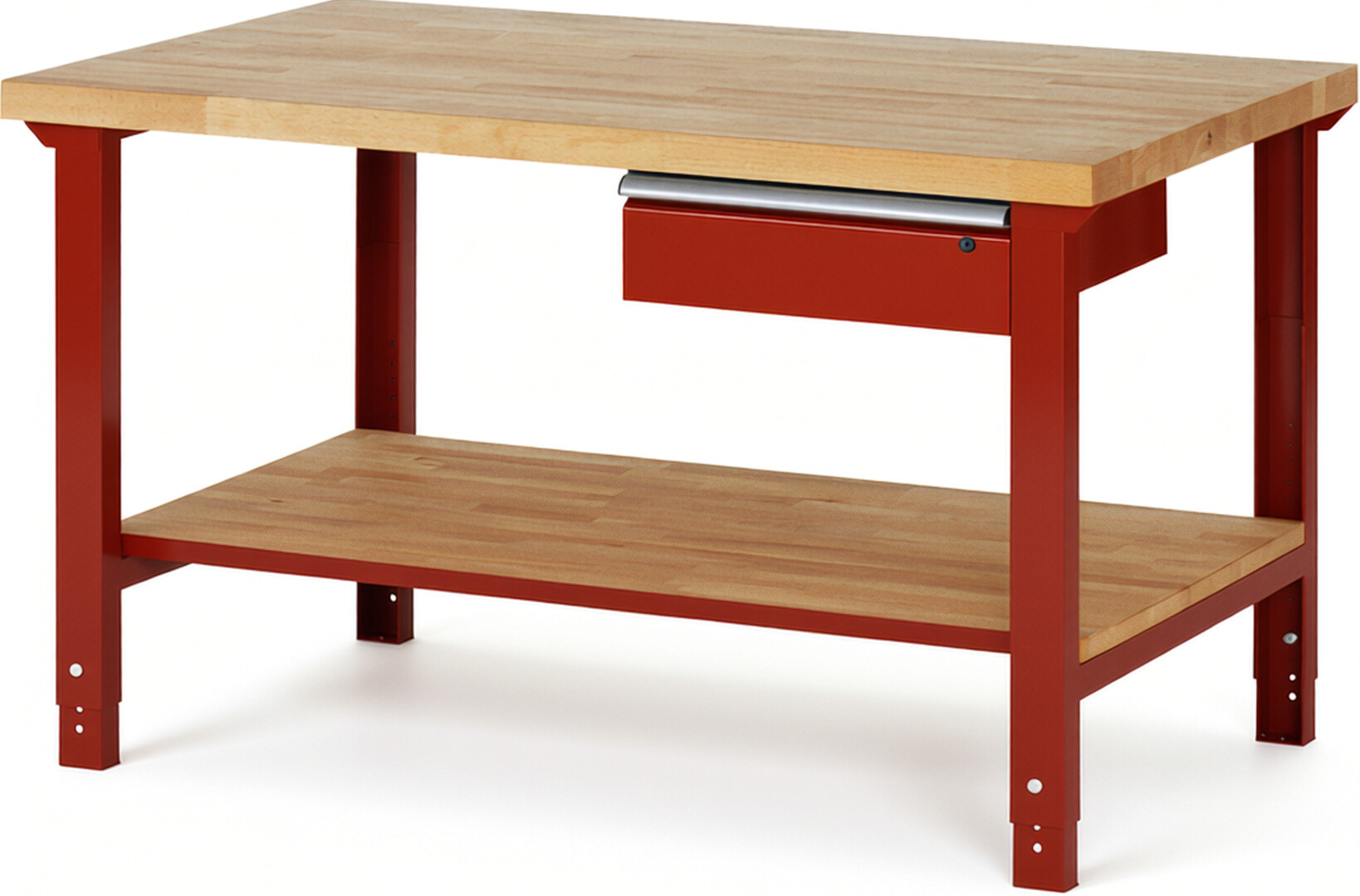 Werkbank Modell 7001 rot, BxTxH 1500x900x790-1140 mm,  Buche-Massiv Arbeitsplatte 40 mm,  1 Schublade mit  Auszug 90 %
