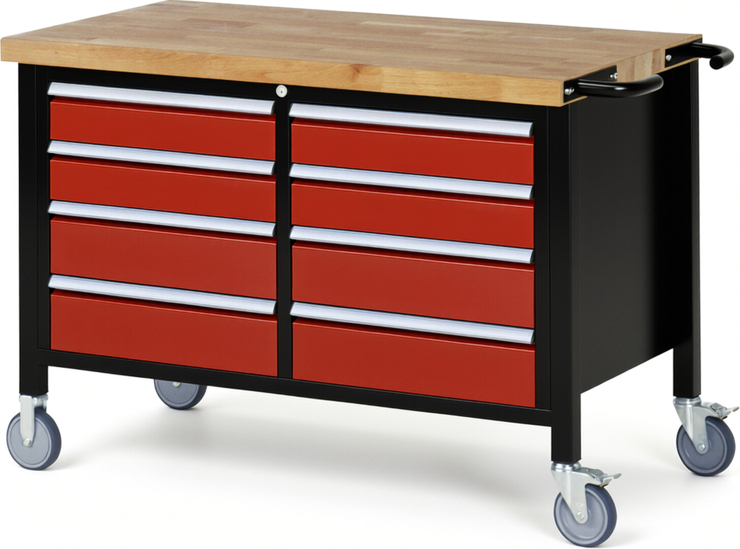RAU Werkbank schwarz - rot - Breite 125 cm - Tiefe 70 cm - Höhe 108 cm - Buche-Massiv Arbeitsplatte 40 mm