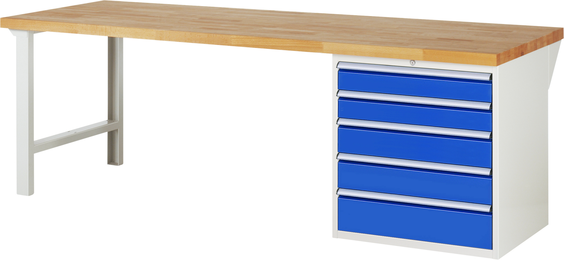 Werkbank Modell 7613 rot - schwarz, BxTxH 2500x900x890 mm,  Buche-Massiv Arbeitsplatte 40 mm,  5 Schubladen mit  Auszug 90 %