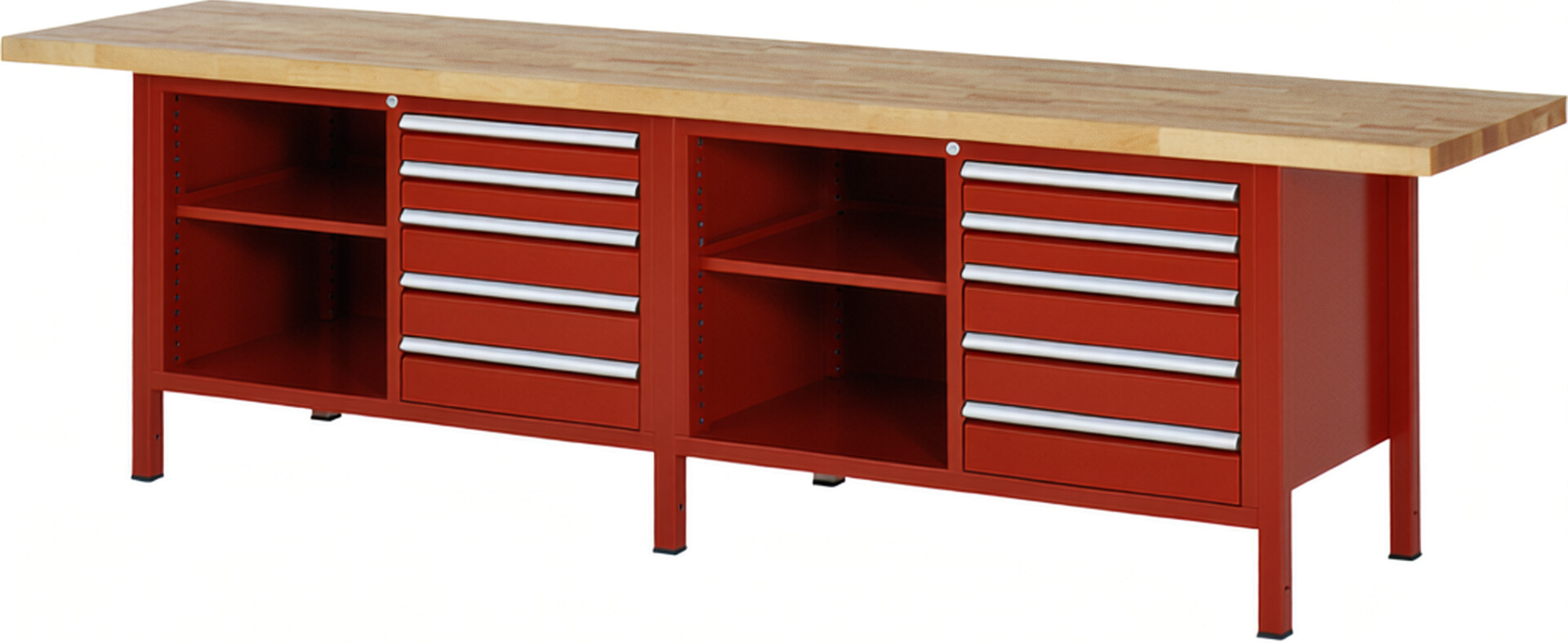 Werkbank Modell 8464 rot, BxTxH 3000x700x840 mm,  Buche-Massiv Arbeitsplatte 40 mm,  10 Schubladen mit  Auszug 90 %