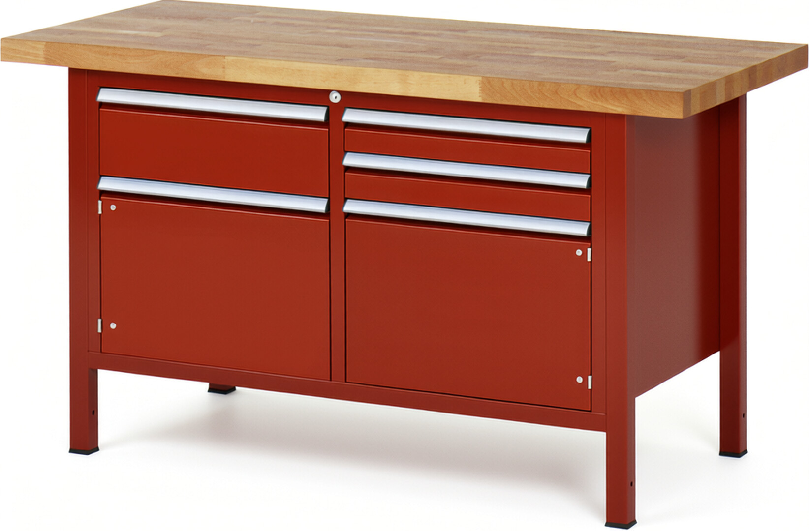 Werkbank Modell 8467 rot, BxTxH 1500x700x840 mm,  Buche-Massiv Arbeitsplatte 40 mm,  3 Schubladen mit  Vollauszug 100 % und  SoftClosing