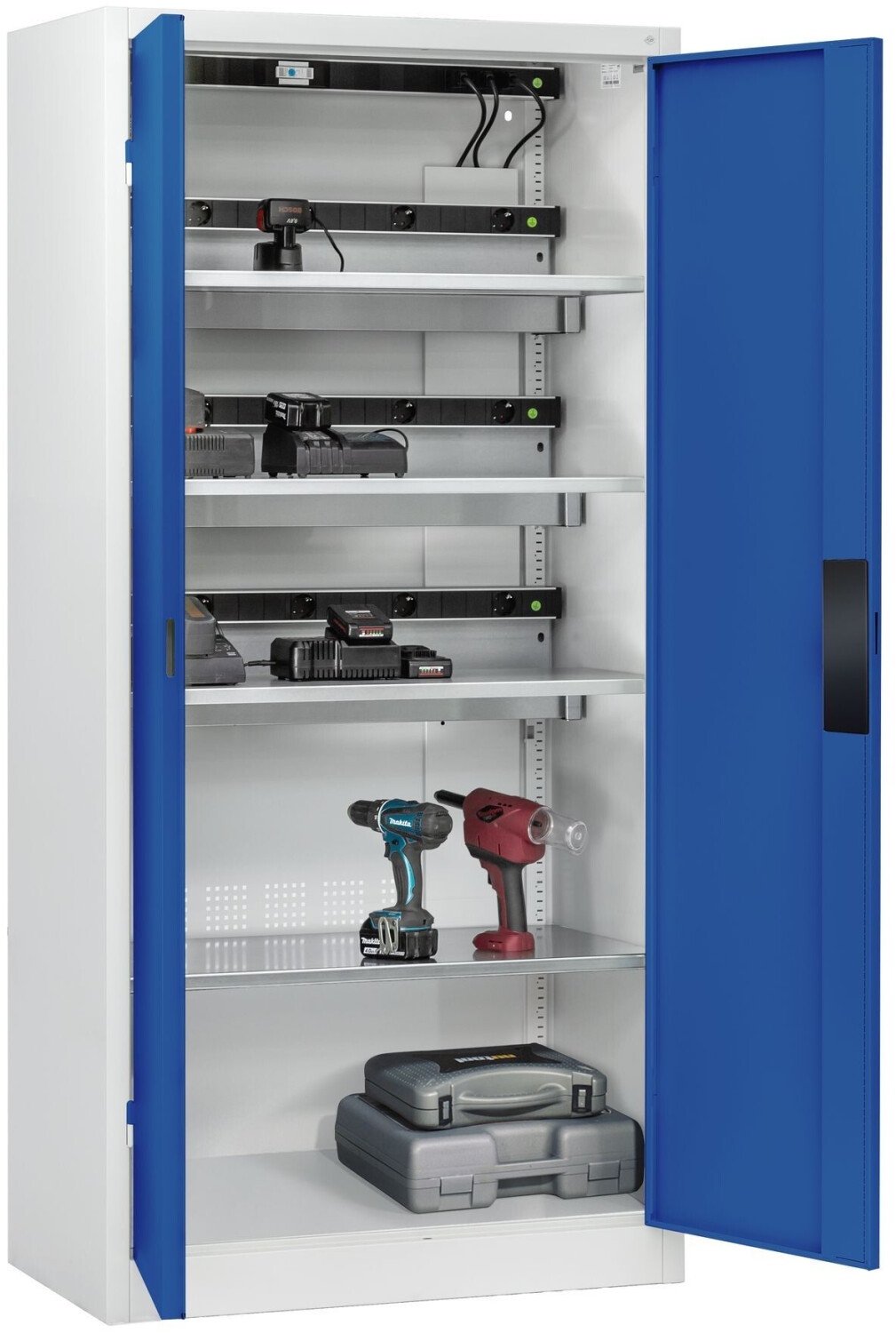 Akku Ladeschrank, Vollblechtüren, BxTxH930x500x1950 mm, RAL 7035/5010 mit 1 verzinkten Einlegeböden