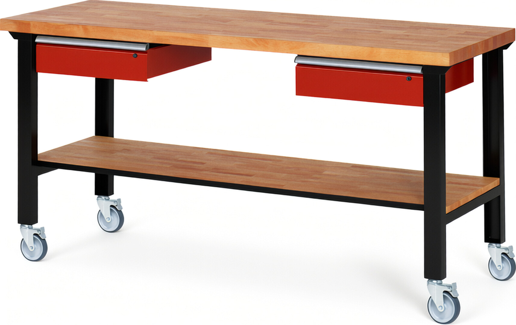 Fahrbare Werkbank Modell 7002 schwarz-rot, BxTxH 2000x700x1000 mm,  Buche-Massiv Arbeitsplatte 40 mm,  2 Schubladen mit  Auszug 90 %
