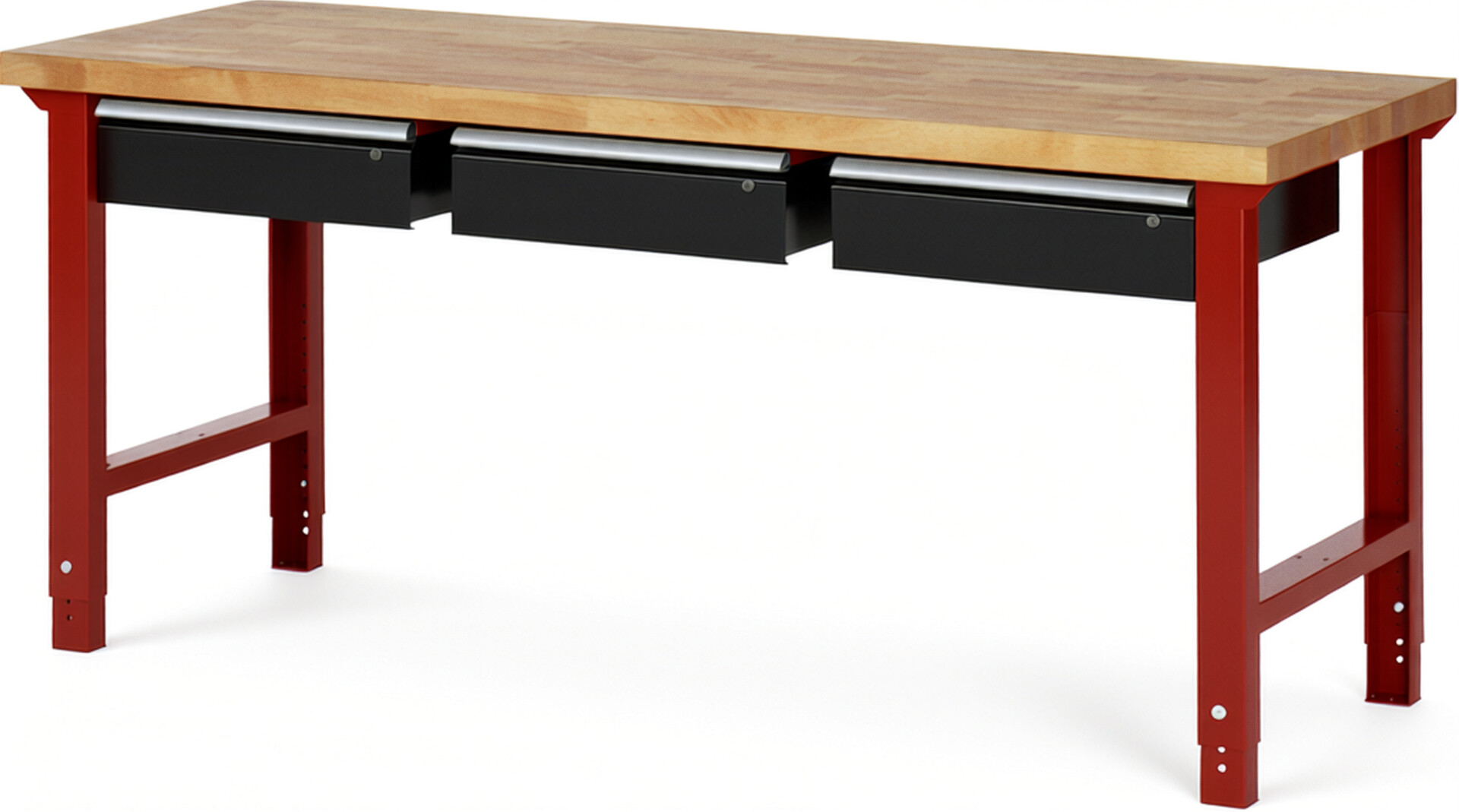 Werkbank Modell 7003 rot - schwarz, BxTxH 2000x700x790-1140 mm,  Buche-Massiv Arbeitsplatte 40 mm,  3 Schubladen mit  Auszug 90 %