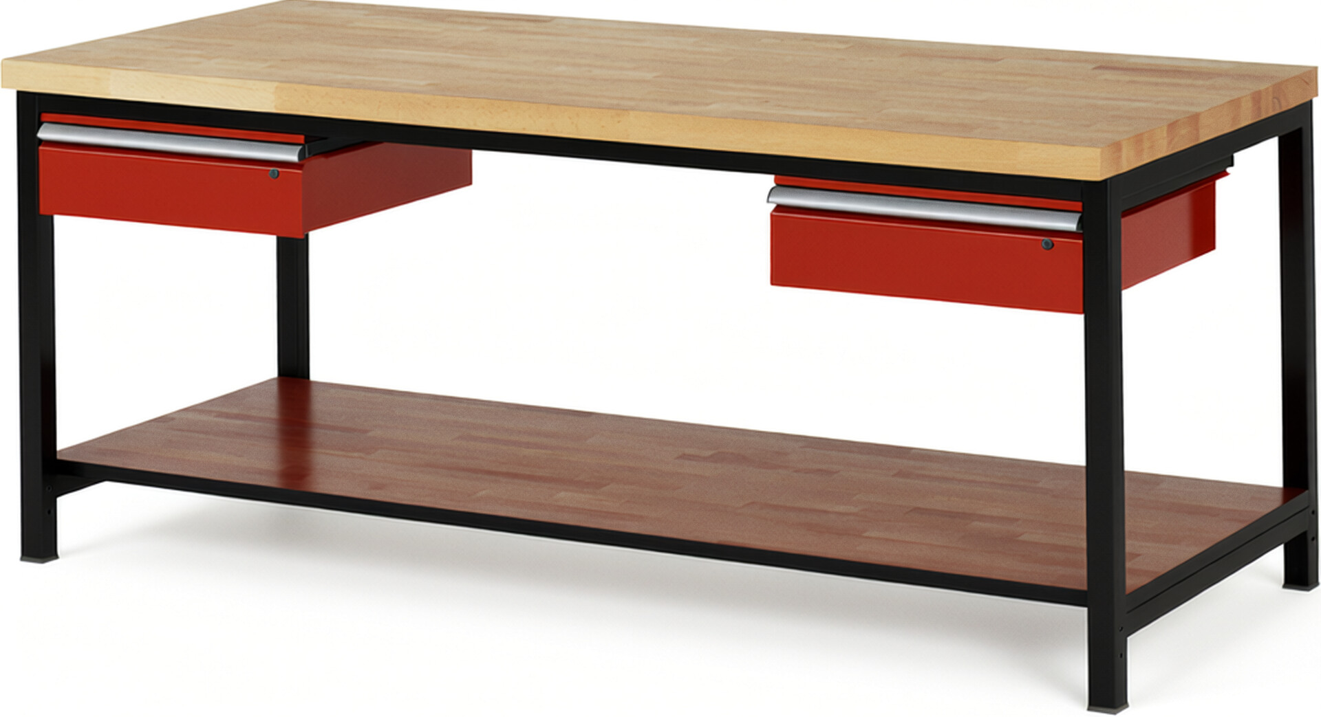 RAU Werkbank schwarz - rot - Breite 200 cm - Tiefe 90 cm - Höhe 104 cm - Buche-Massiv Arbeitsplatte 40 mm