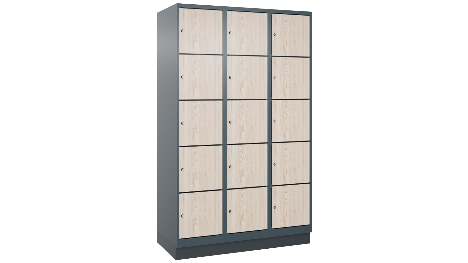 Fächerschrank mit MDF Türen, BxTxH 1.200x500x1.950 mm, 3x5 Fächer, Abteilbreite 400 mm, Sockel, Schloss, HPL-Dekorfront, RAL 7016/Dekor Eiche