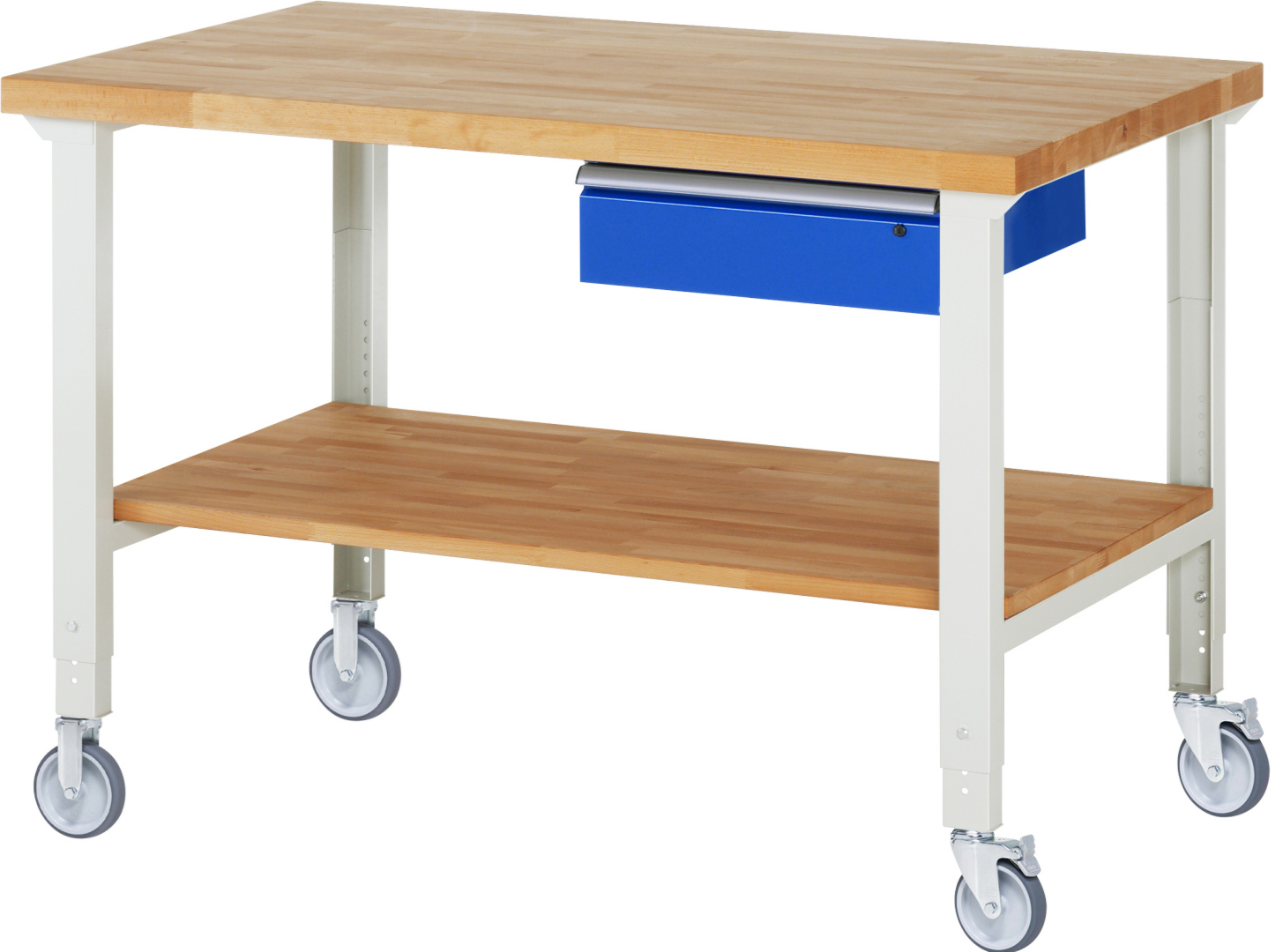 Fahrbare Werkbank Modell 7001,  BxTxH 1500x900x950-1000 mm,  Buche-Massiv Arbeitsplatte 40 mm,  1 Schublade mit  Auszug 90 %