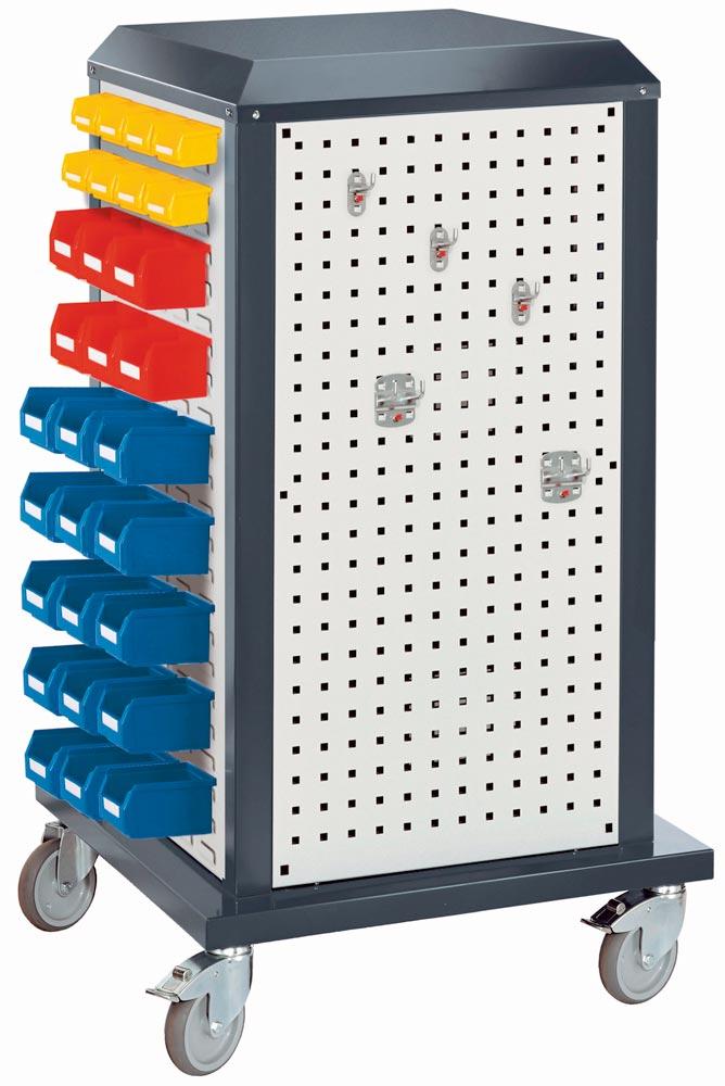 Tool-Tower klein, BxTxH 700x700x1260 mm, mobil, 3 Lochplatten außen, 2 Lochplatten innen, 1 Tür, RAL 7016/7035