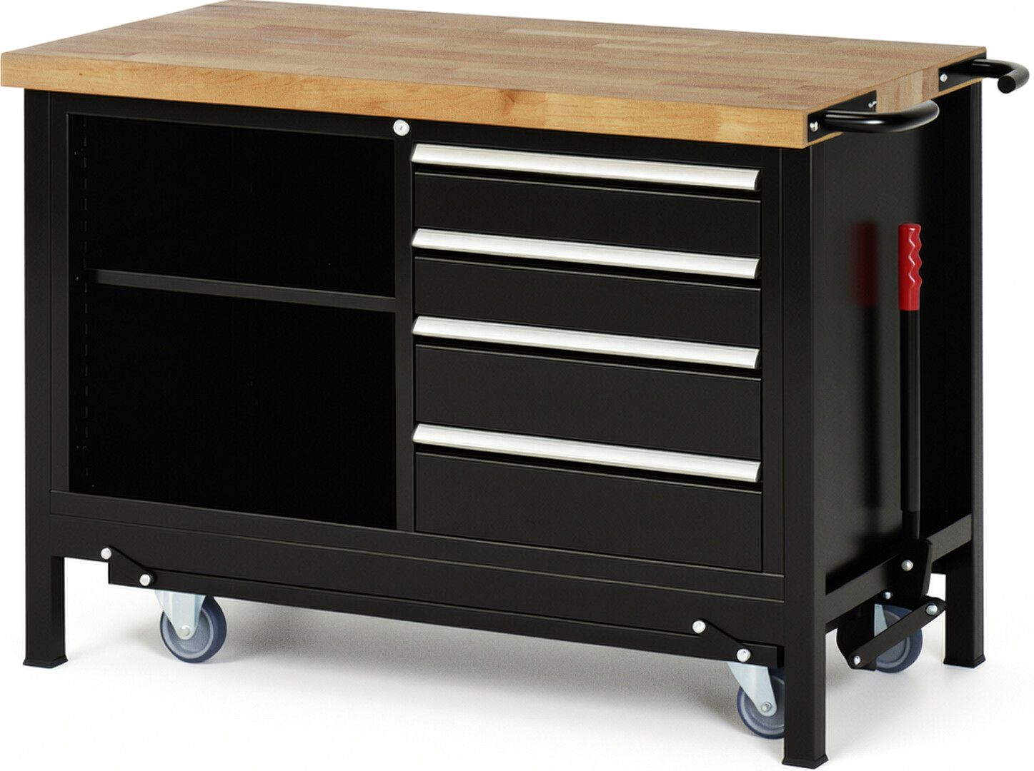 RAU Werkbank schwarz - Breite 125 cm - Tiefe 70 cm - Höhe 88 cm - Buche-Massiv Arbeitsplatte 40 mm