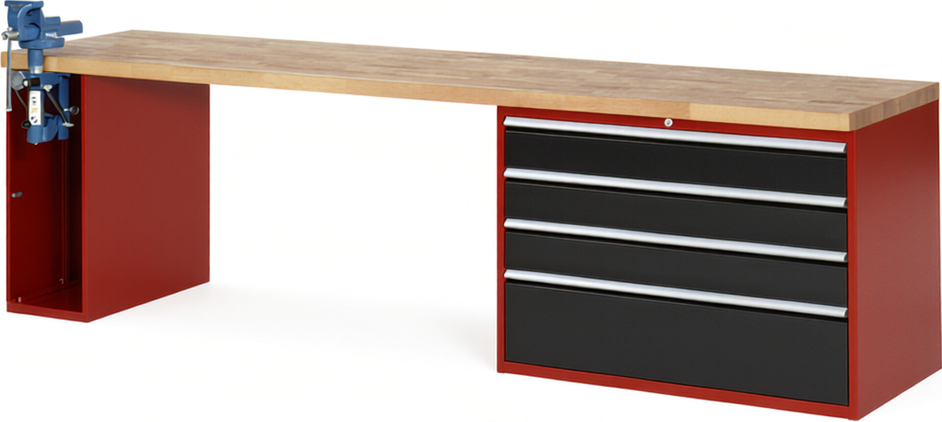 RAU Werkbank rot - schwarz - Breite 300 cm - Tiefe 70 cm - Höhe 84 cm - Buche-Massiv Arbeitsplatte 40 mm