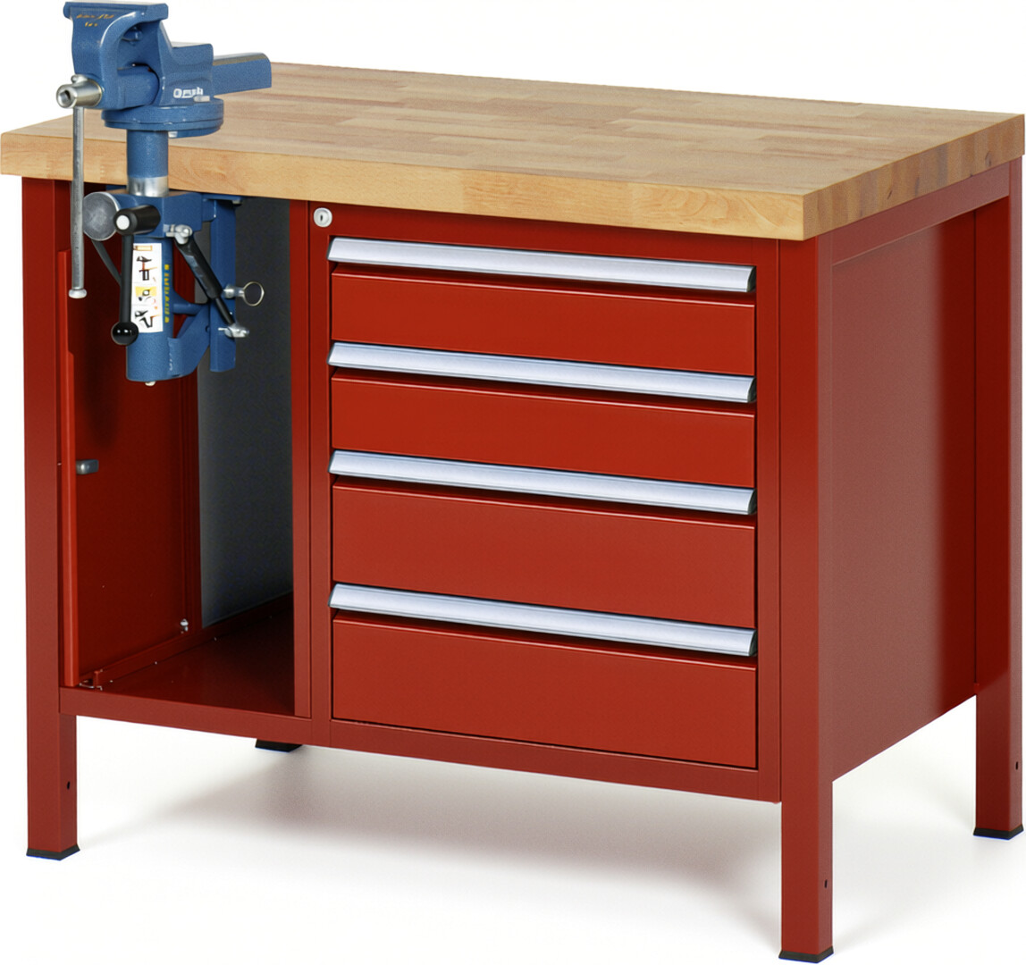 Werkbank Modell 8185 rot, BxTxH 1000x700x840-1040 mm,  Buche-Massiv Arbeitsplatte 40 mm,  4 Schubladen mit  Vollauszug 100 % und  SoftClosing