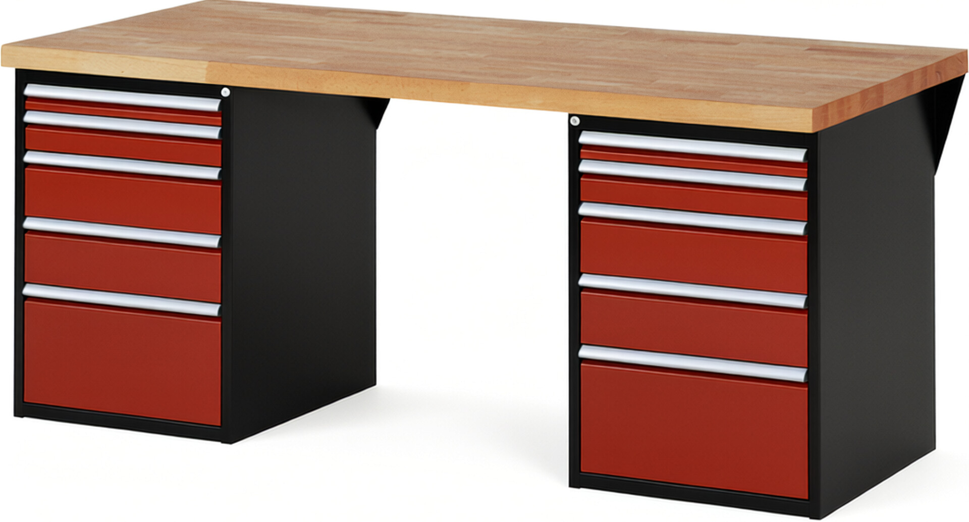 RAU Werkbank schwarz - rot - Breite 200 cm - Tiefe 90 cm - Höhe 84 cm - Buche-Massiv Arbeitsplatte 40 mm