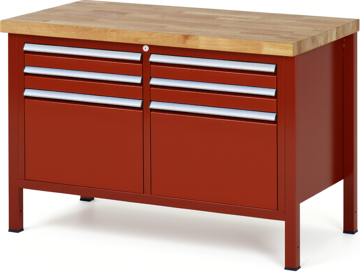 Werkbank Modell 8474 rot, BxTxH 1250x700x840-1040 mm,  Buche-Massiv Arbeitsplatte 40 mm,  6 Schubladen mit  Auszug 90 %