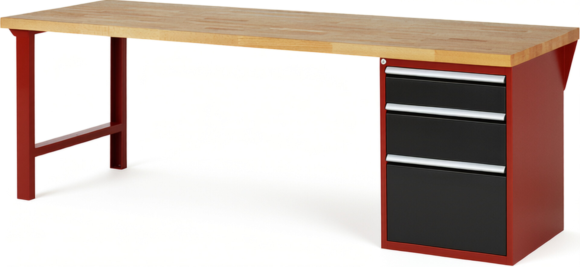 RAU Werkbank rot - schwarz - Breite 250 cm - Tiefe 90 cm - Höhe 84 cm - Buche-Massiv Arbeitsplatte 40 mm