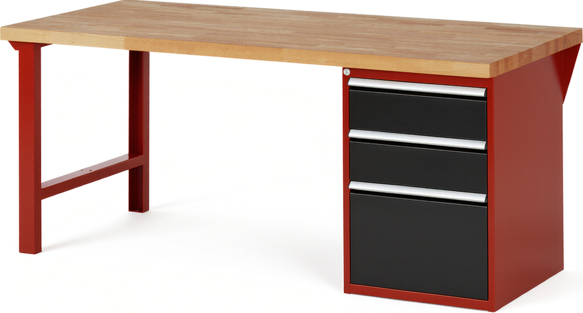 Werkbank Modell 7507 rot - schwarz, BxTxH 2000x900x890 mm,  Buche-Massiv Arbeitsplatte 40 mm,  3 Schubladen mit  Vollauszug 100 % und  SoftClosing