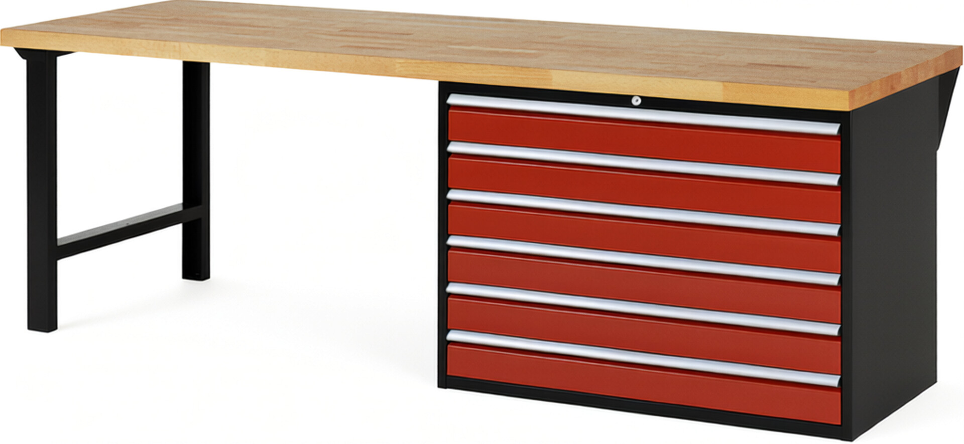 RAU Werkbank schwarz - rot - Breite 250 cm - Tiefe 90 cm - Höhe 89 cm - Buche-Massiv Arbeitsplatte 40 mm