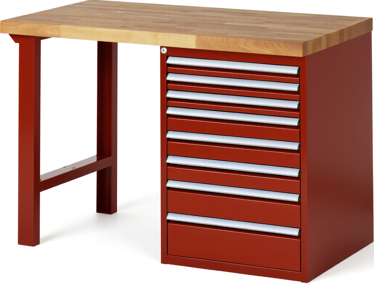 RAU Werkbank rot - Breite 125 cm - Tiefe 70 cm - Höhe 89 cm - Buche-Massiv Arbeitsplatte 40 mm