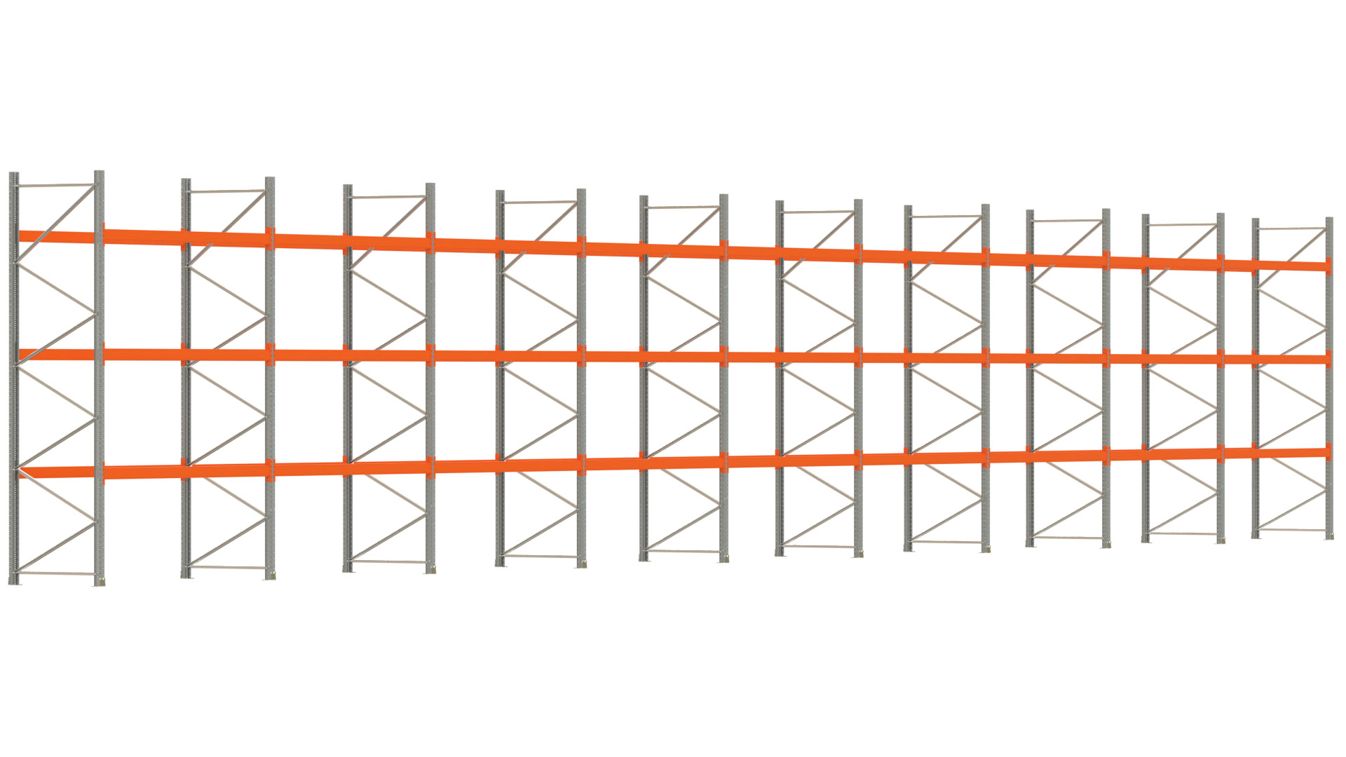 Palettenregal ARTUS - Breite 2515 cm - Höhe 400 cm - Tiefe 110 cm - 3 Träger-Ebenen - max. Fachlast 2100 kg - 108 Palettenstellplätze